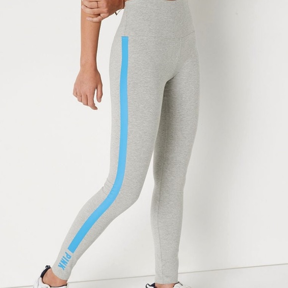 NWT Pink Cotton High Waist Full Length Legging - Heather Charcoal/Azure Sky Strp - Picture 2 of 14